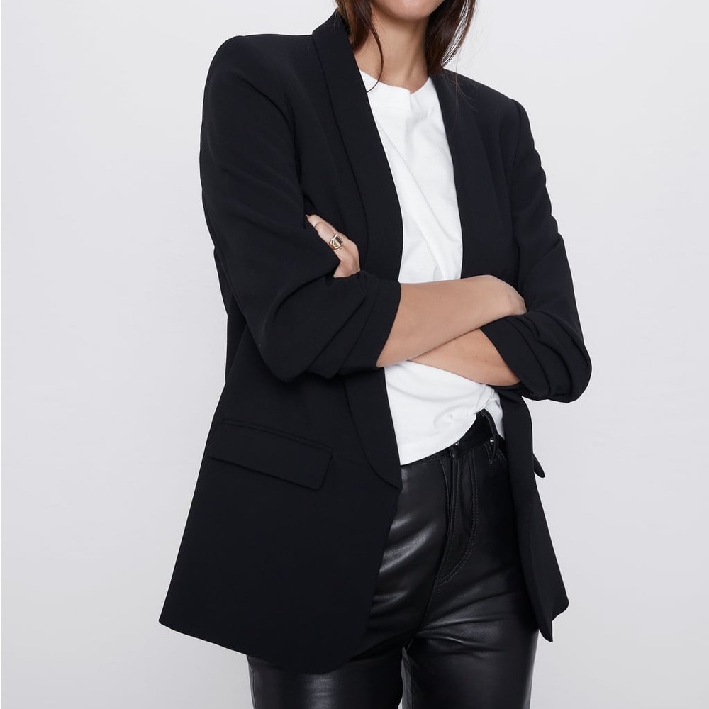 Zara Women's Rouched Sleeve Black Blazer XS